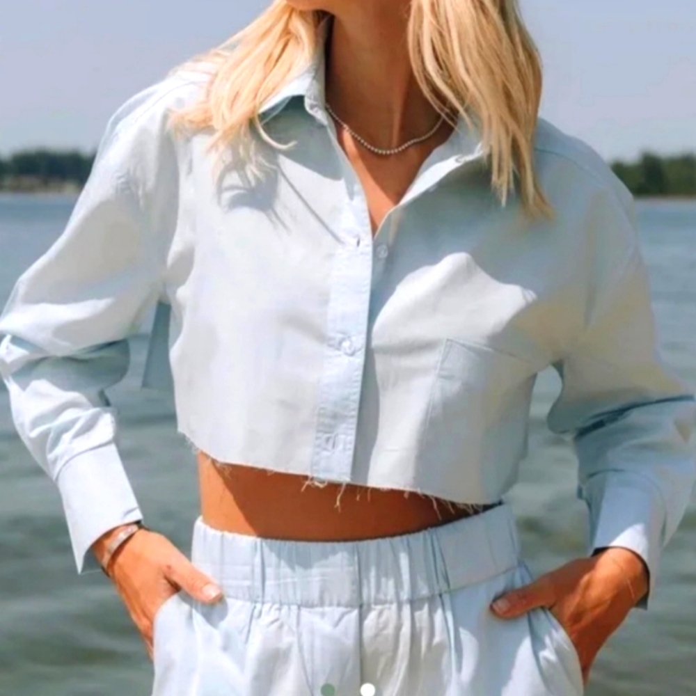 Daily Drills Light Blue Cropped Button-Down Shirt